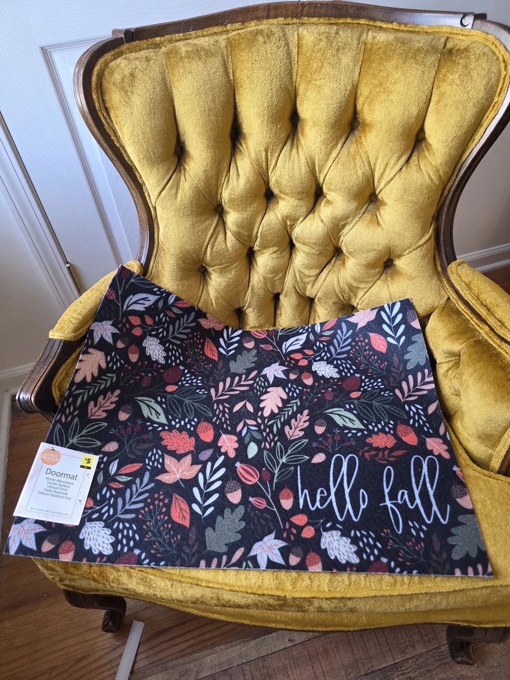 Hello Fall Doormat - Black with Colorful Autumn Leaves Acorns